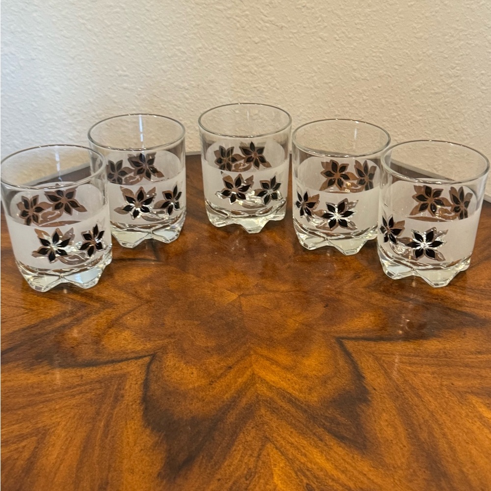 5 Mid-Century Modern Cerve Italian Gold and Black Frosted Rocks Glasses